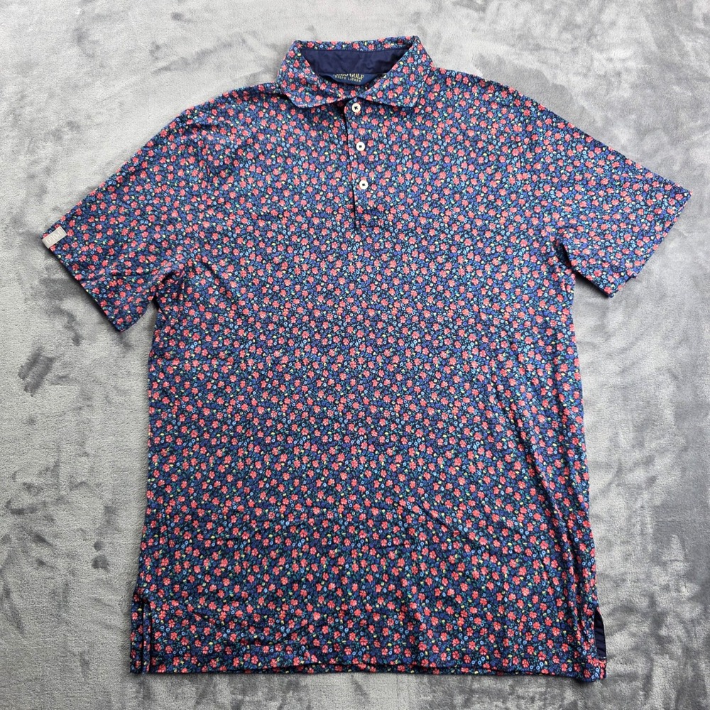 Polo Golf Ralph Lauren Polo Mens M Navy Blue Red Floral Print Short Sleeve Shirt